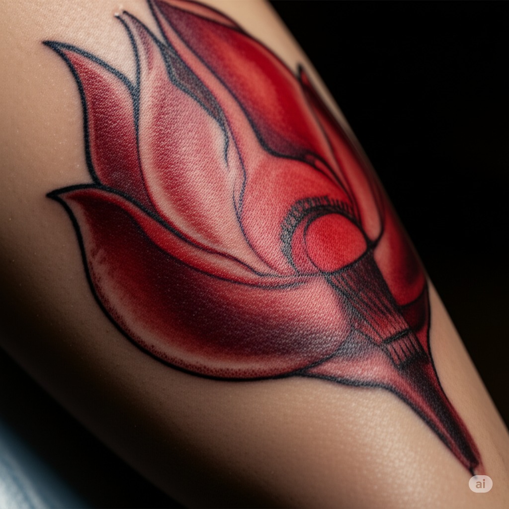 תקריב על קעקוע צבעוני עם גוונים של אדום.