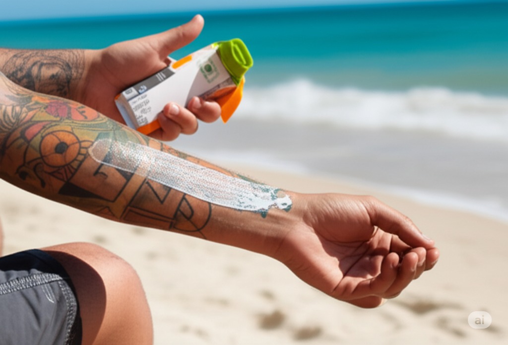 אדם מורח קרם הגנה על זרוע מקועקעת בחוף הים.